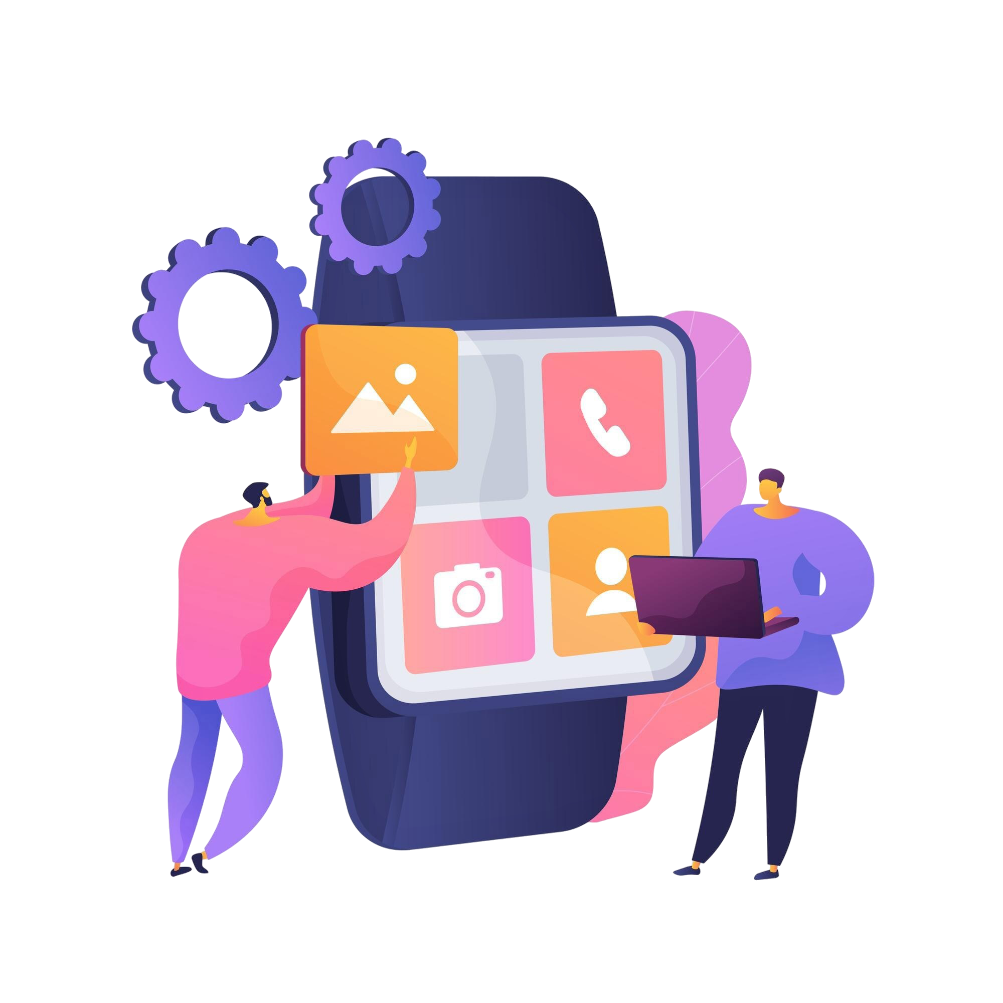 Illustration of a team building a mobile app interface